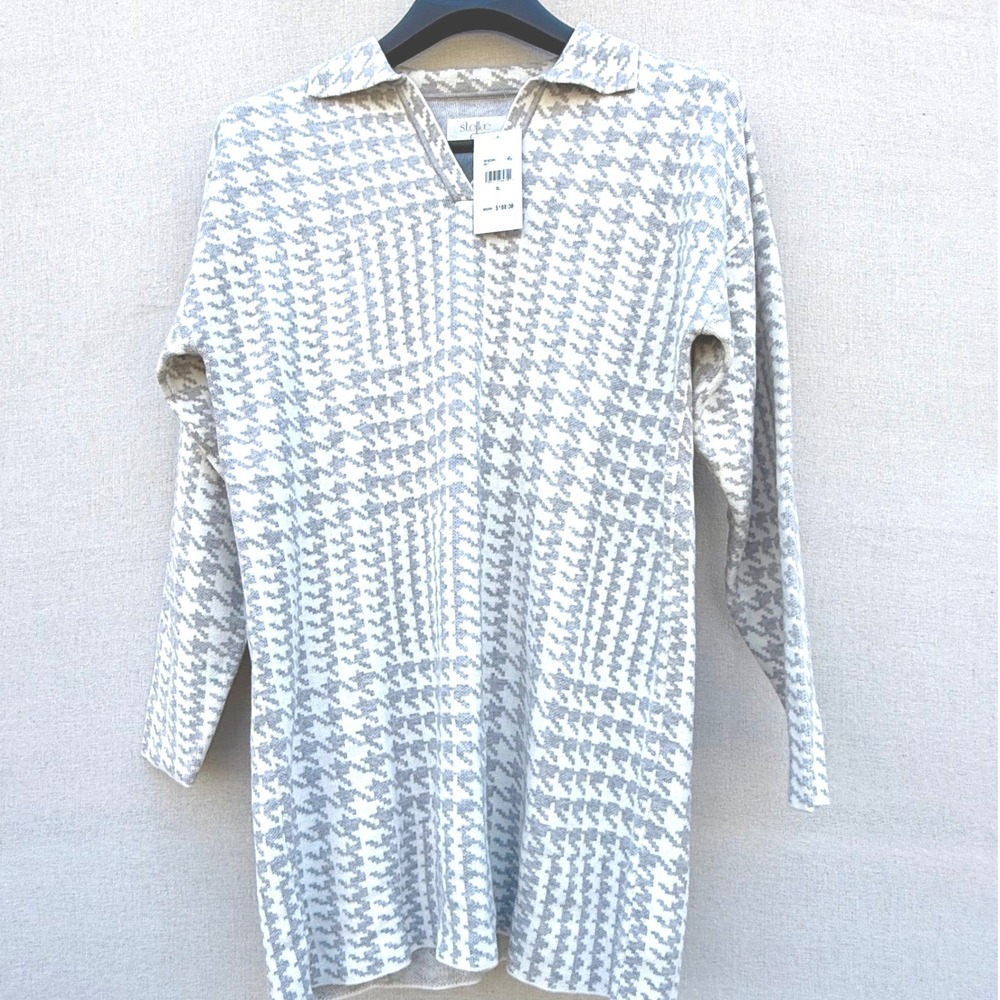 Stellae Dux Womens Houndstooth Knit Sweater Dress Grey White XL RF4D36S NWT